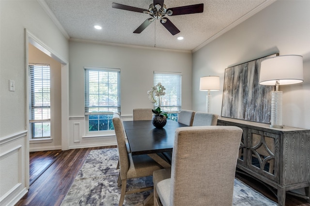 605 Keel Way, Azle, TX 76020 - dining space featuring a textured ceiling, crown molding, wood finished floors, plenty of natural light, and ceiling fan
