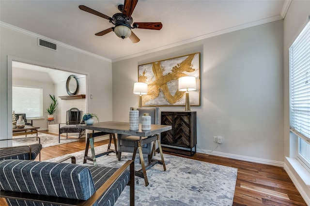605 Keel Way, Azle, TX 76020 - home office with wood finished floors, baseboards, plenty of natural light, a brick fireplace, and ornamental molding