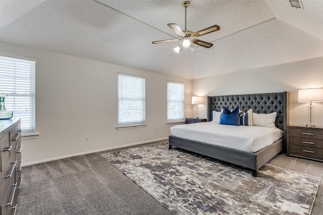 605 Keel Way, Azle, TX 76020 - carpeted bedroom with multiple windows, lofted ceiling, baseboards, ceiling fan, and a textured ceiling