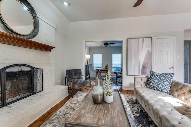 605 Keel Way, Azle, TX 76020 - living room with a ceiling fan, wood finished floors, a fireplace, and baseboards