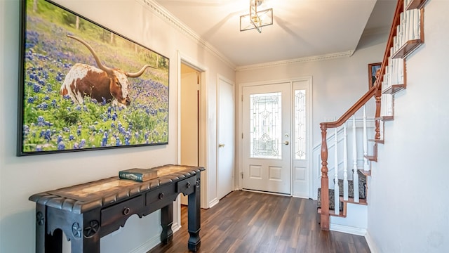 4536 Overlook Ct, Granbury, TX 76049 - foyer entrance with dark wood-type flooring, stairs, ornamental molding, and baseboards