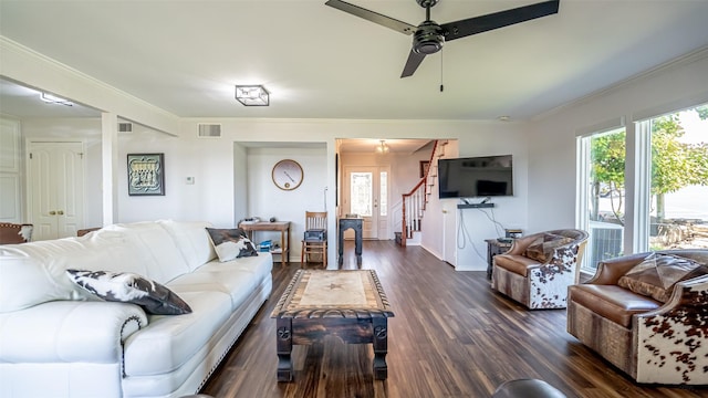 4536 Overlook Ct, Granbury, TX 76049 - living room with stairs, a ceiling fan, dark wood-type flooring, crown molding, and baseboards