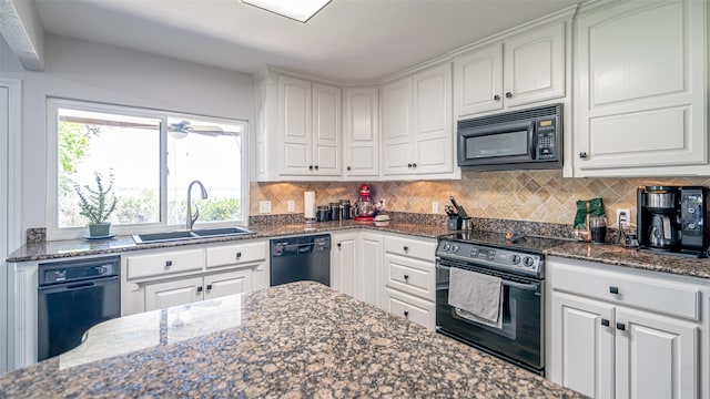4536 Overlook Ct, Granbury, TX 76049 - kitchen with black appliances, a sink, decorative backsplash, dark stone countertops, and white cabinets