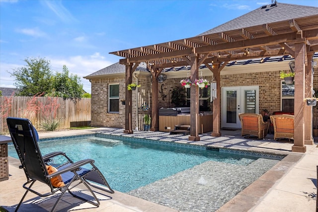 2610 Austin Dr, Granbury, TX 76048 - view of pool with a hot tub, a pergola, fence, french doors, and a patio