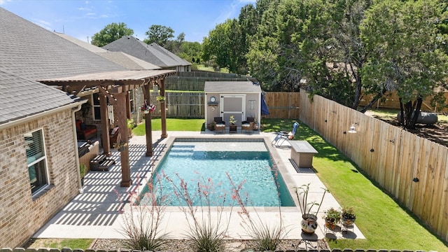 2610 Austin Dr, Granbury, TX 76048 - view of pool with an outdoor structure, a patio, and a shed