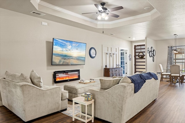 2610 Austin Dr, Granbury, TX 76048 - living area featuring a raised ceiling, dark wood finished floors, ceiling fan, ornamental molding, and a glass covered fireplace