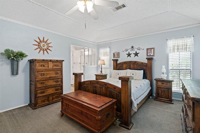 805 Sandpiper Dr, Denton, TX 76205 - carpeted bedroom with ensuite bath, ceiling fan, and a textured ceiling