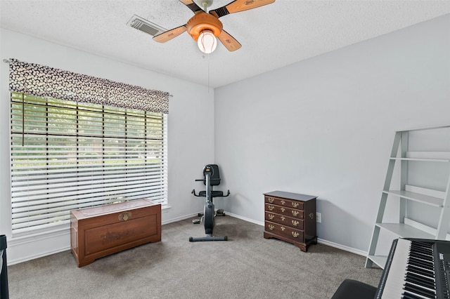 805 Sandpiper Dr, Denton, TX 76205 - workout room featuring a ceiling fan, carpet flooring, baseboards, and a textured ceiling