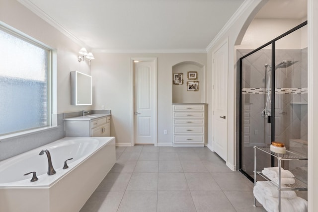 14322 Summerwoods Ln, Frisco, TX 75035 - full bathroom featuring a shower stall, vanity, ornamental molding, a garden tub, and tile patterned floors
