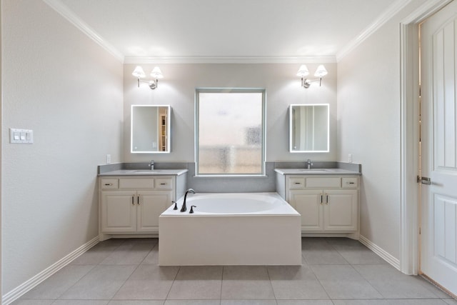 14322 Summerwoods Ln, Frisco, TX 75035 - full bath featuring crown molding, two vanities, tile patterned floors, a bath, and baseboards