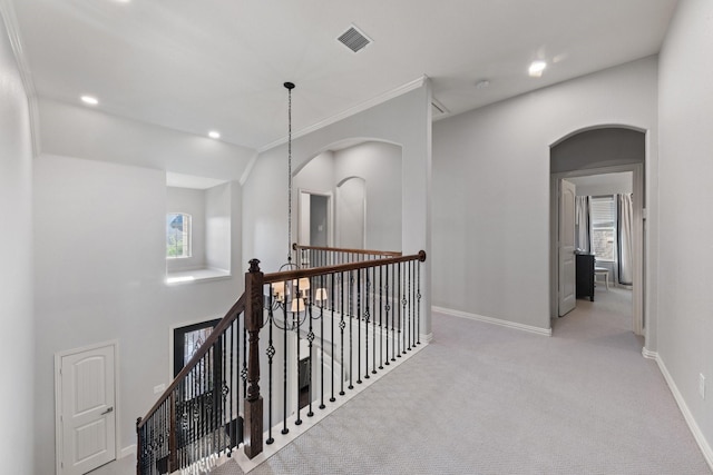 14322 Summerwoods Ln, Frisco, TX 75035 - corridor with an upstairs landing, baseboards, carpet flooring, recessed lighting, and arched walkways