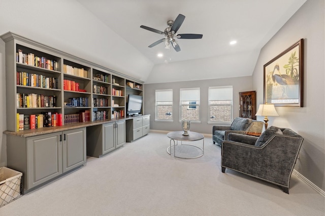 14322 Summerwoods Ln, Frisco, TX 75035 - sitting room featuring light carpet, lofted ceiling, a ceiling fan, baseboards, and recessed lighting