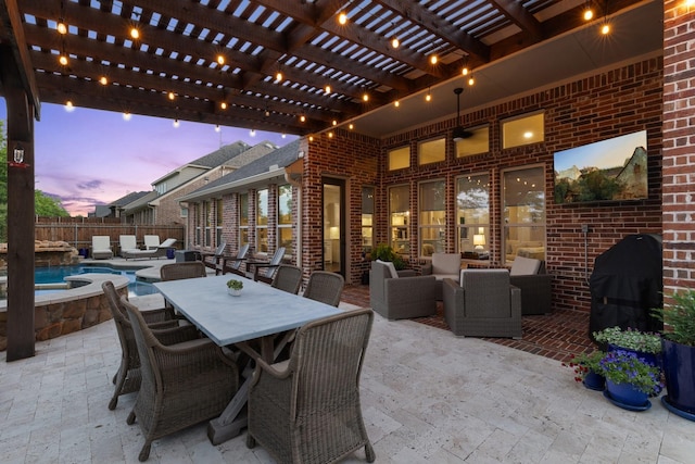 14322 Summerwoods Ln, Frisco, TX 75035 - view of patio / terrace featuring fence, a pergola, an in-ground hot tub, outdoor dining space, and area for grilling