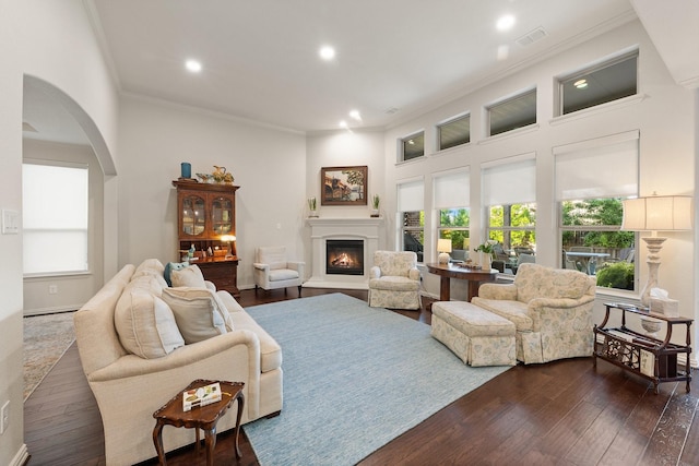14322 Summerwoods Ln, Frisco, TX 75035 - living area featuring ornamental molding, arched walkways, a glass covered fireplace, dark wood finished floors, and recessed lighting