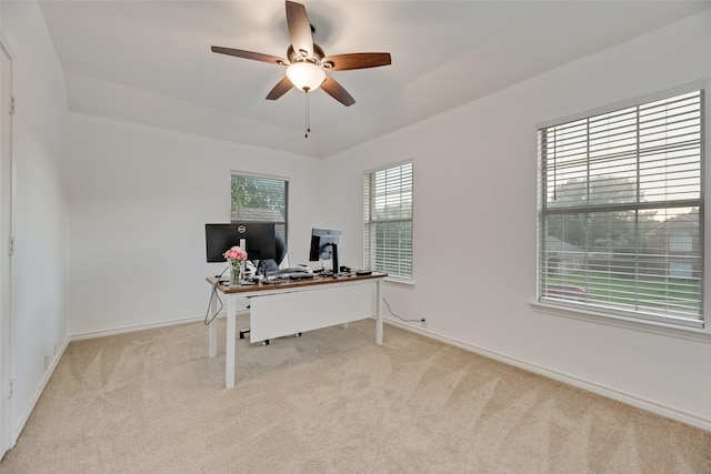 2904 Champlin Ct, Richardson, TX 75082 - office area with light carpet, ceiling fan, and baseboards
