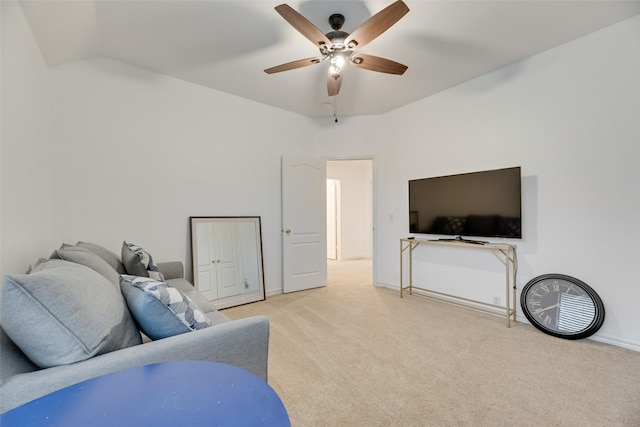2904 Champlin Ct, Richardson, TX 75082 - living room with light colored carpet, ceiling fan, lofted ceiling, and baseboards