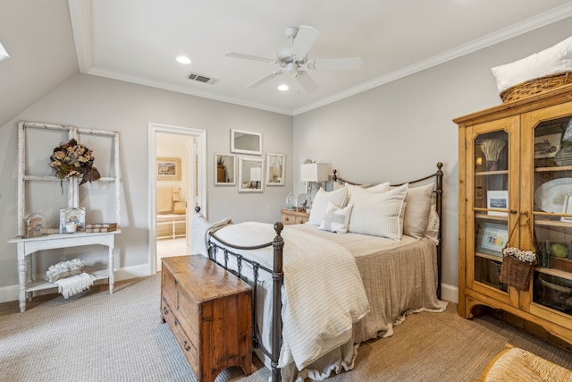 bedroom with light carpet, recessed lighting, baseboards, crown molding, and a ceiling fan