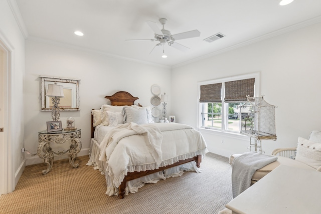 bedroom featuring light colored carpet, recessed lighting, ornamental molding, baseboards, and ceiling fan