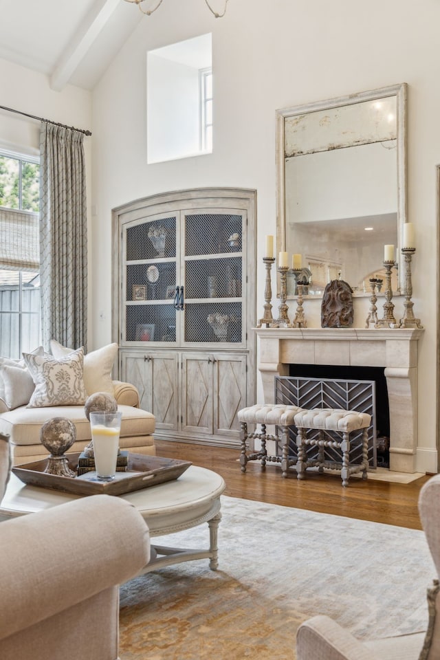 living area with a fireplace and wood finished floors