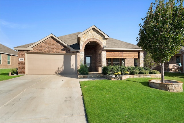 609 Racine Dr, Oak Point, TX 75068 - view of front of property featuring brick siding, a front lawn, a garage, stone siding, and driveway