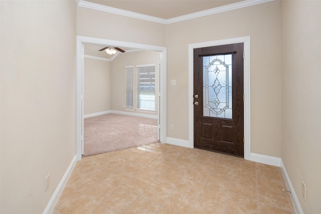 609 Racine Dr, Oak Point, TX 75068 - foyer with crown molding, baseboards, light tile patterned floors, ceiling fan, and light colored carpet