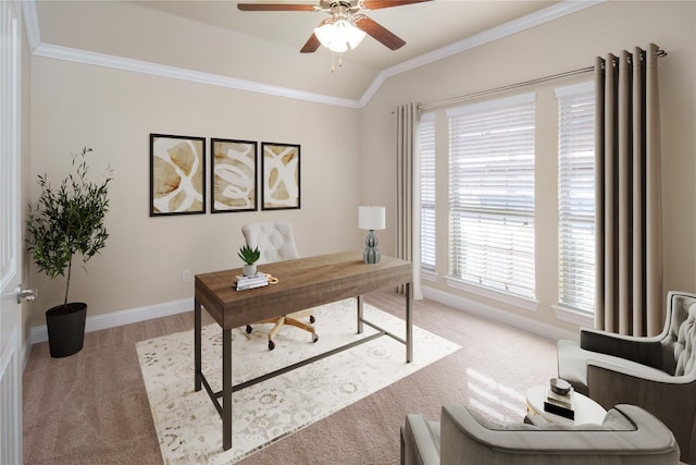 609 Racine Dr, Oak Point, TX 75068 - office space featuring light carpet, ceiling fan, vaulted ceiling, and crown molding