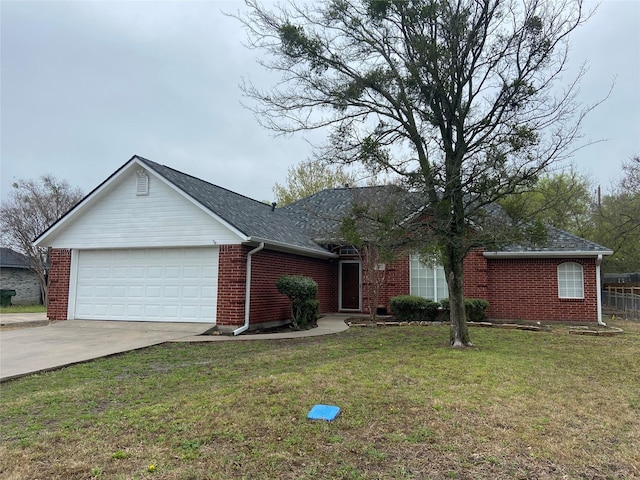1102 N Main St, Leonard, TX 75452 - ranch-style home featuring brick siding, concrete driveway, an attached garage, and a shingled roof