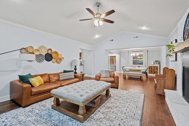 2306 Monte Cristo Dr, Sherman, TX 75092 - living room featuring a ceiling fan, wood-type flooring, lofted ceiling, a chandelier, and ornamental molding