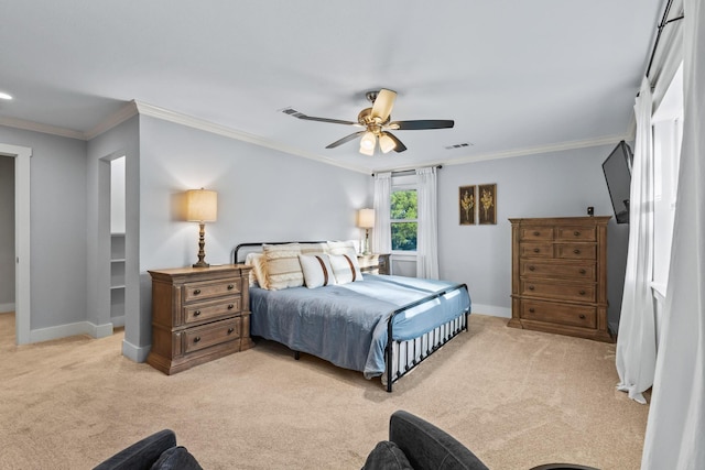 2306 Monte Cristo Dr, Sherman, TX 75092 - bedroom with light colored carpet, baseboards, crown molding, and a ceiling fan