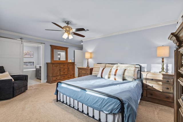 2306 Monte Cristo Dr, Sherman, TX 75092 - bedroom with a barn door, light colored carpet, ornamental molding, and ceiling fan