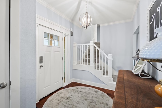 2306 Monte Cristo Dr, Sherman, TX 75092 - foyer entrance featuring ornamental molding, a chandelier, dark wood-type flooring, and stairs
