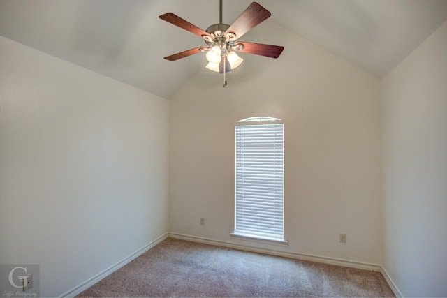 122 Lola Cir, Benton, LA 71006 - spare room featuring a ceiling fan, lofted ceiling, carpet flooring, and baseboards