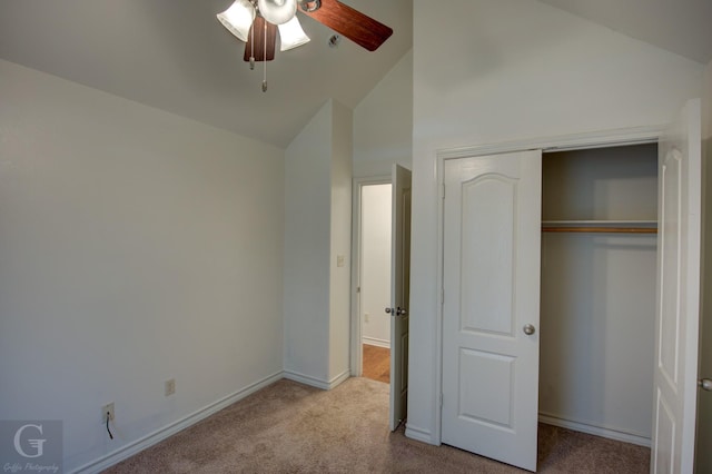 122 Lola Cir, Benton, LA 71006 - unfurnished bedroom with carpet floors, a closet, high vaulted ceiling, ceiling fan, and baseboards