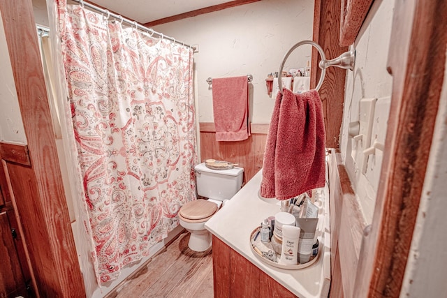 12815 N Fm 219, Dublin, TX 76446 - full bathroom with wainscoting, toilet, wood finished floors, vanity, and a shower with shower curtain
