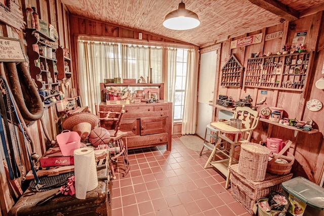 12815 N Fm 219, Dublin, TX 76446 - living area with vaulted ceiling, wooden walls, and tile patterned floors
