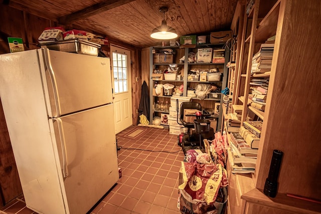 12815 N Fm 219, Dublin, TX 76446 - kitchen featuring freestanding refrigerator, tile patterned flooring, and wooden ceiling