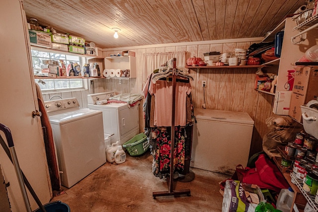 12815 N Fm 219, Dublin, TX 76446 - laundry area featuring wooden ceiling, washer and dryer, and wooden walls