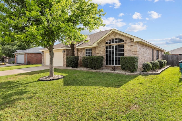 ranch-style home with brick siding, concrete driveway, an attached garage, and roof with shingles