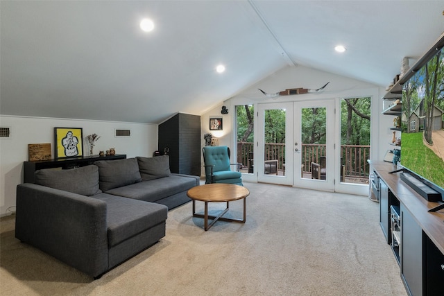 2012 S Meadow Way Cir, Arlington, TX 76015 - living room featuring lofted ceiling, light carpet, and french doors