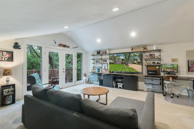 2012 S Meadow Way Cir, Arlington, TX 76015 - living area featuring french doors, vaulted ceiling, recessed lighting, and carpet flooring