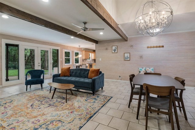 2012 S Meadow Way Cir, Arlington, TX 76015 - living area featuring french doors, recessed lighting, beam ceiling, ceiling fan, and light tile patterned flooring