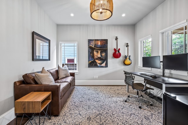 office space with baseboards and recessed lighting