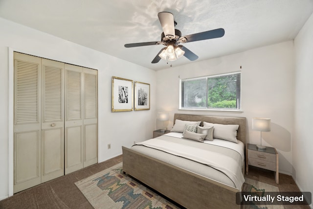 2302 Denmark Dr, Garland, TX 75040 - carpeted bedroom featuring a closet and a ceiling fan