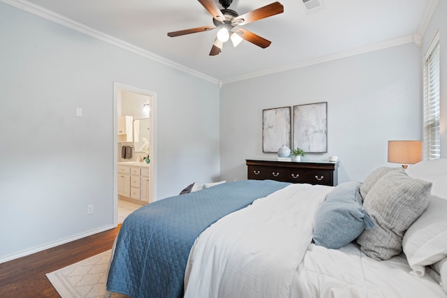 1219 Haines Ave, Dallas, TX 75208 - bedroom featuring wood finished floors, crown molding, ensuite bath, and a ceiling fan
