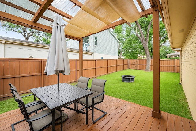 1219 Haines Ave, Dallas, TX 75208 - wooden terrace featuring outdoor dining space, a fenced backyard, and a fire pit