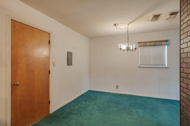 1406 E Cortez Dr, Wichita Falls, TX 76306 - carpeted spare room featuring a chandelier, electric panel, and baseboards