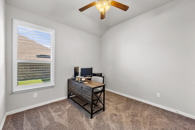 3626 Green Bluff Ct, Midlothian, TX 76065 - office space featuring carpet, a ceiling fan, baseboards, and lofted ceiling