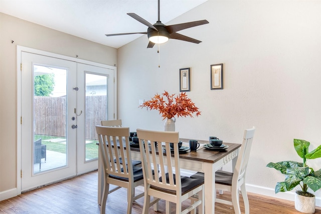 4626 Nervin St, The Colony, TX 75056 - dining room featuring french doors, baseboards, light wood-style floors, and a ceiling fan
