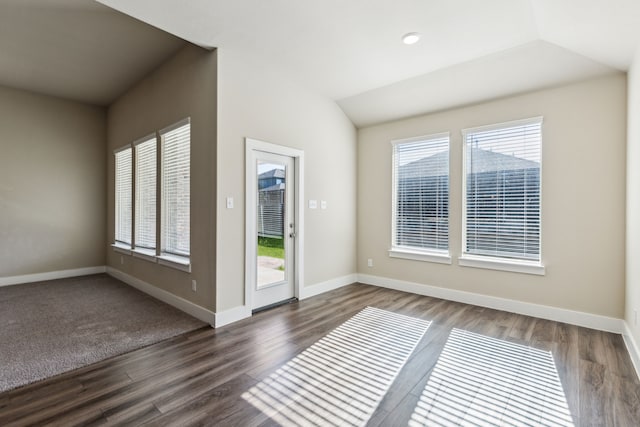 5408 Fairdale Dr, Denton, TX 76207 - unfurnished room featuring dark wood-style floors, baseboards, and lofted ceiling