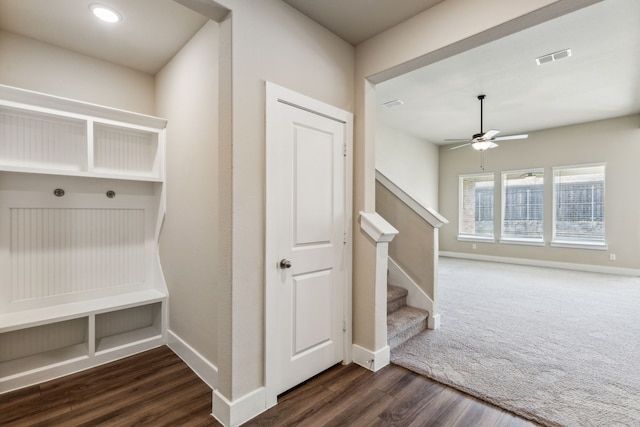5408 Fairdale Dr, Denton, TX 76207 - mudroom with dark wood-type flooring, ceiling fan, and baseboards